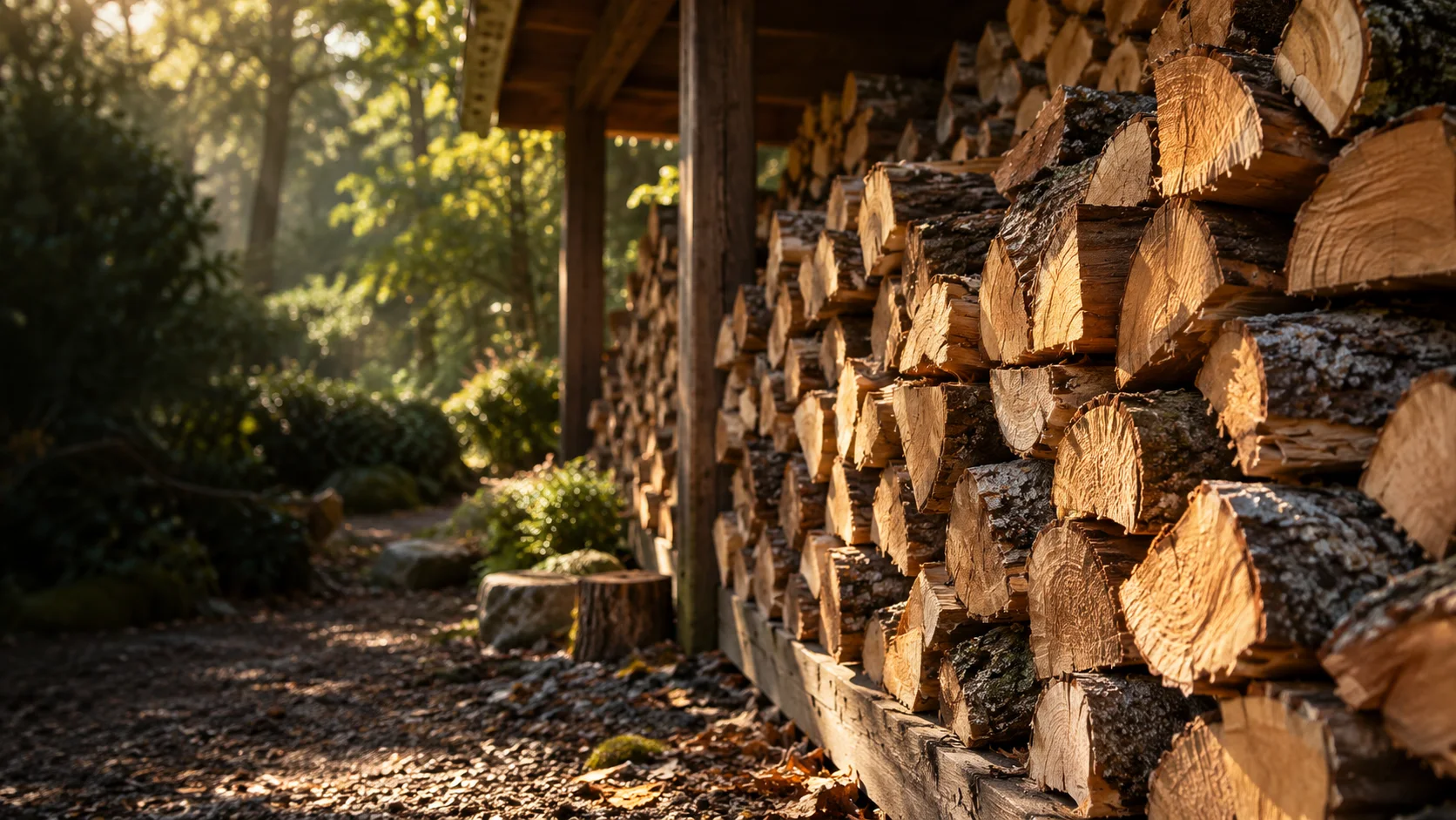 Bûches de bois empilées sous un abri, baignées de lumière